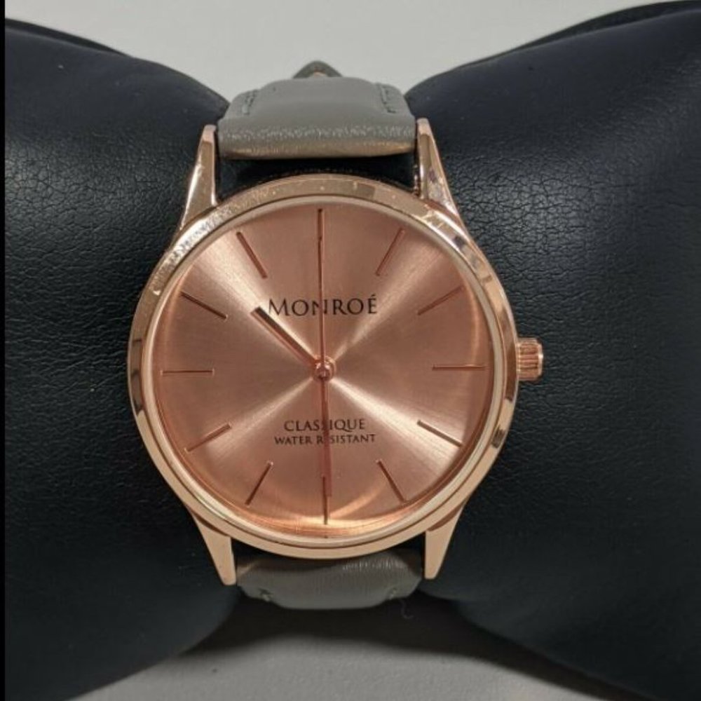 Monroe SOLÉROSE Watch Rose Gold CHARCOAL LEATHER Strap Unisex NWT - Picture 3 of 5